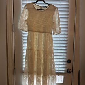 Elegant Cream Lace Long Sleeve Dress